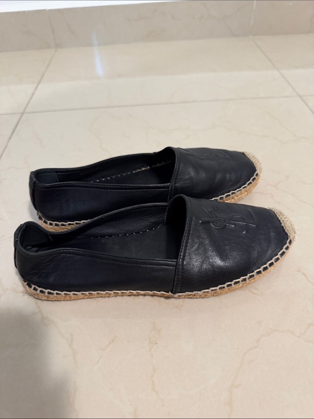 Saint Laurent Black Leather Espadrille Slip-Ons with Embossed YSL
